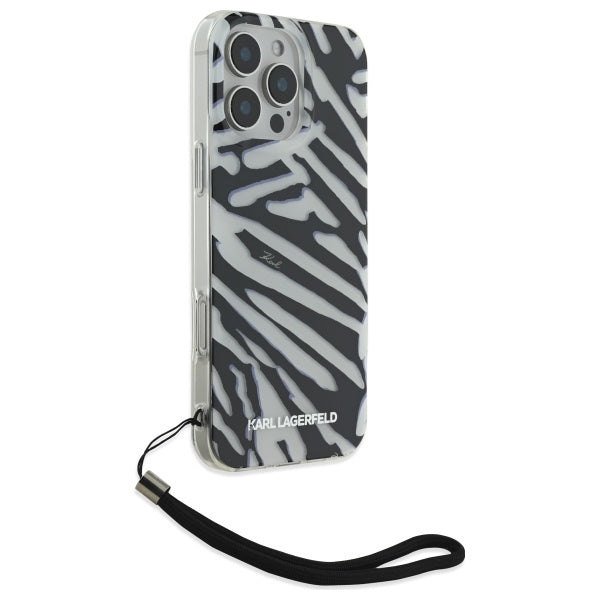 Ovitek za Apple iPhone 16 Pro Max, Karl Lagerfeld, IML Luxury Zebra Pattern with Strap, Črna