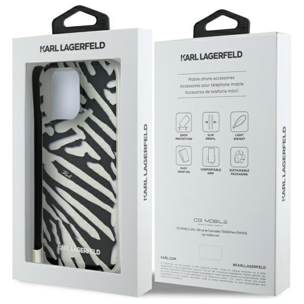 Ovitek za Apple iPhone 16 Pro Max, Karl Lagerfeld, IML Luxury Zebra Pattern with Strap, Črna