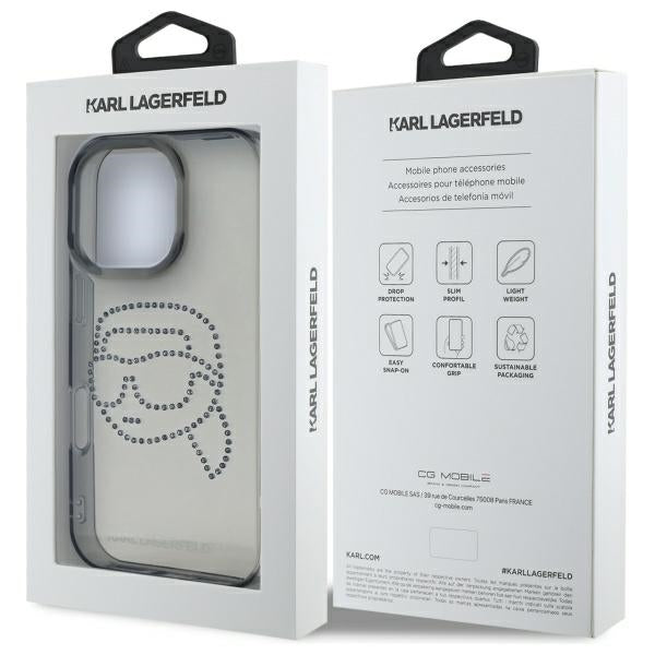 Ovitek za Apple iPhone 16 Pro Max, Karl Lagerfeld, IML Rhinestones Karl's Head, črn