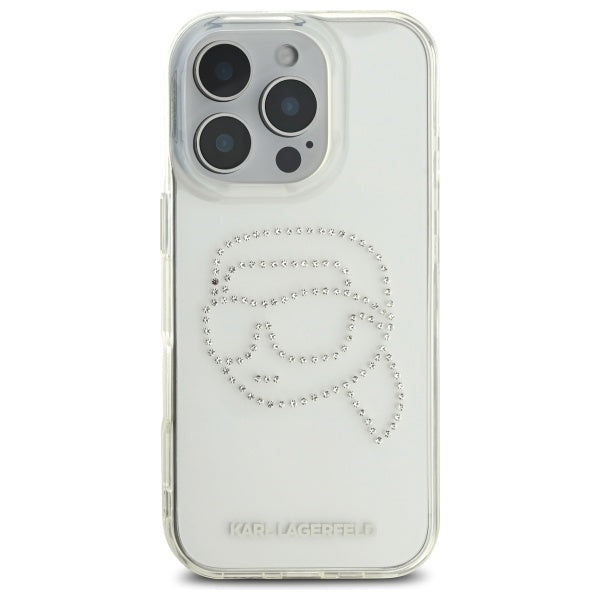 Ovitek za Apple iPhone 16 Pro Max, Karl Lagerfeld, IML Rhinestones Karl's Head, Prozoren