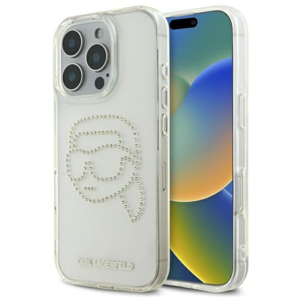 Ovitek za Apple iPhone 16 Pro Max, Karl Lagerfeld, IML Rhinestones Karl's Head, Prozoren