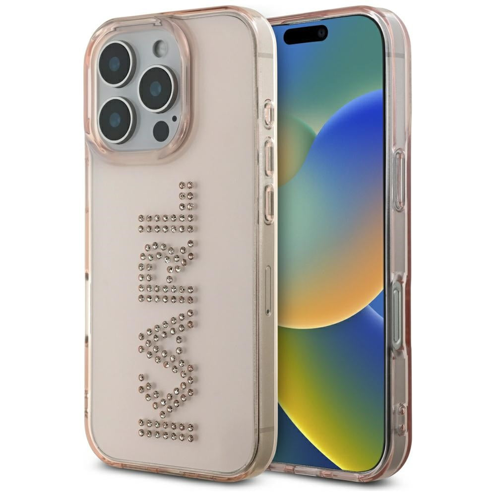 Ovitek za Apple iPhone 16 Pro Max, Karl Lagerfeld, IML Rhinestones Pink Logo, Roza