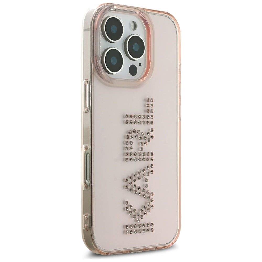 Ovitek za Apple iPhone 16 Pro Max, Karl Lagerfeld, IML Rhinestones Pink Logo, Roza