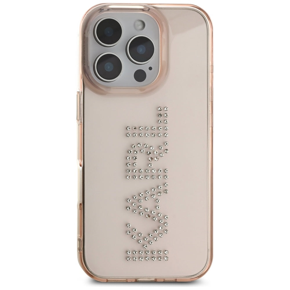 Ovitek za Apple iPhone 16 Pro Max, Karl Lagerfeld, IML Rhinestones Pink Logo, Roza