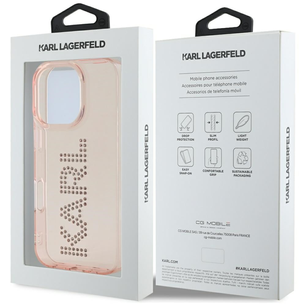 Ovitek za Apple iPhone 16 Pro Max, Karl Lagerfeld, IML Rhinestones Pink Logo, Roza