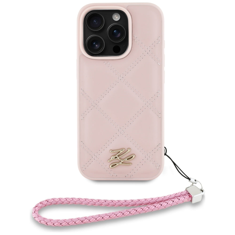 Ovitek za Apple iPhone 16 Pro Max, Karl Lagerfeld, Quilted Initial Logo & Chain Strap, Roza