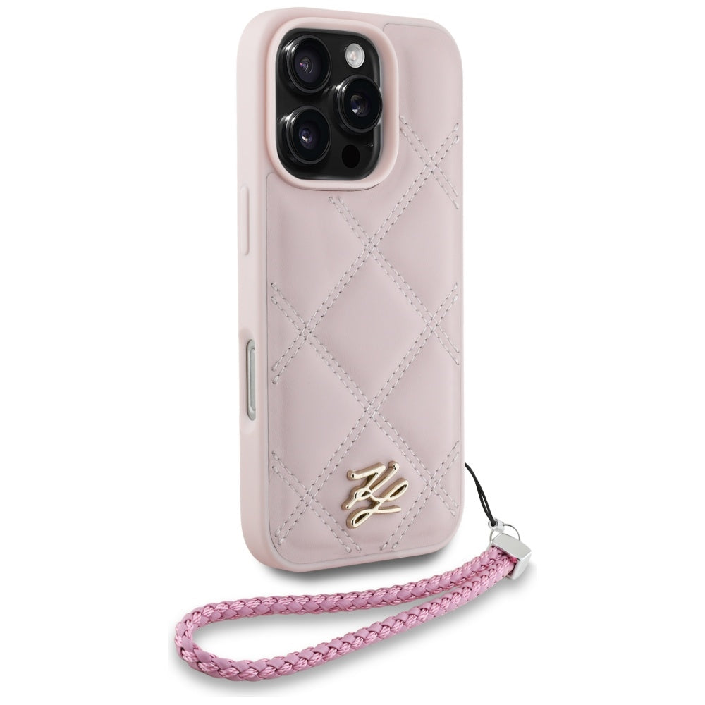 Ovitek za Apple iPhone 16 Pro Max, Karl Lagerfeld, Quilted Initial Logo & Chain Strap, Roza