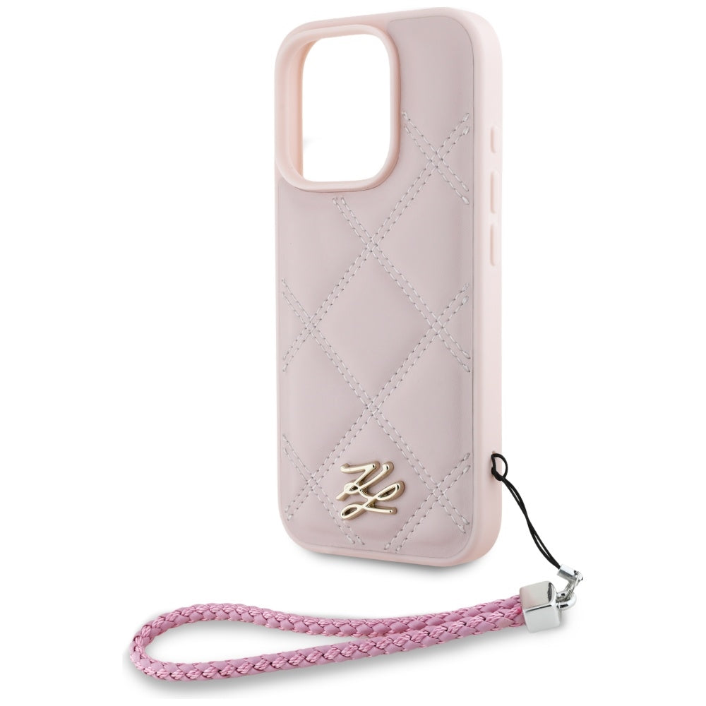 Ovitek za Apple iPhone 16 Pro Max, Karl Lagerfeld, Quilted Initial Logo & Chain Strap, Roza