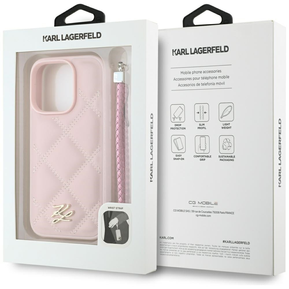 Ovitek za Apple iPhone 16 Pro Max, Karl Lagerfeld, Quilted Initial Logo & Chain Strap, Roza