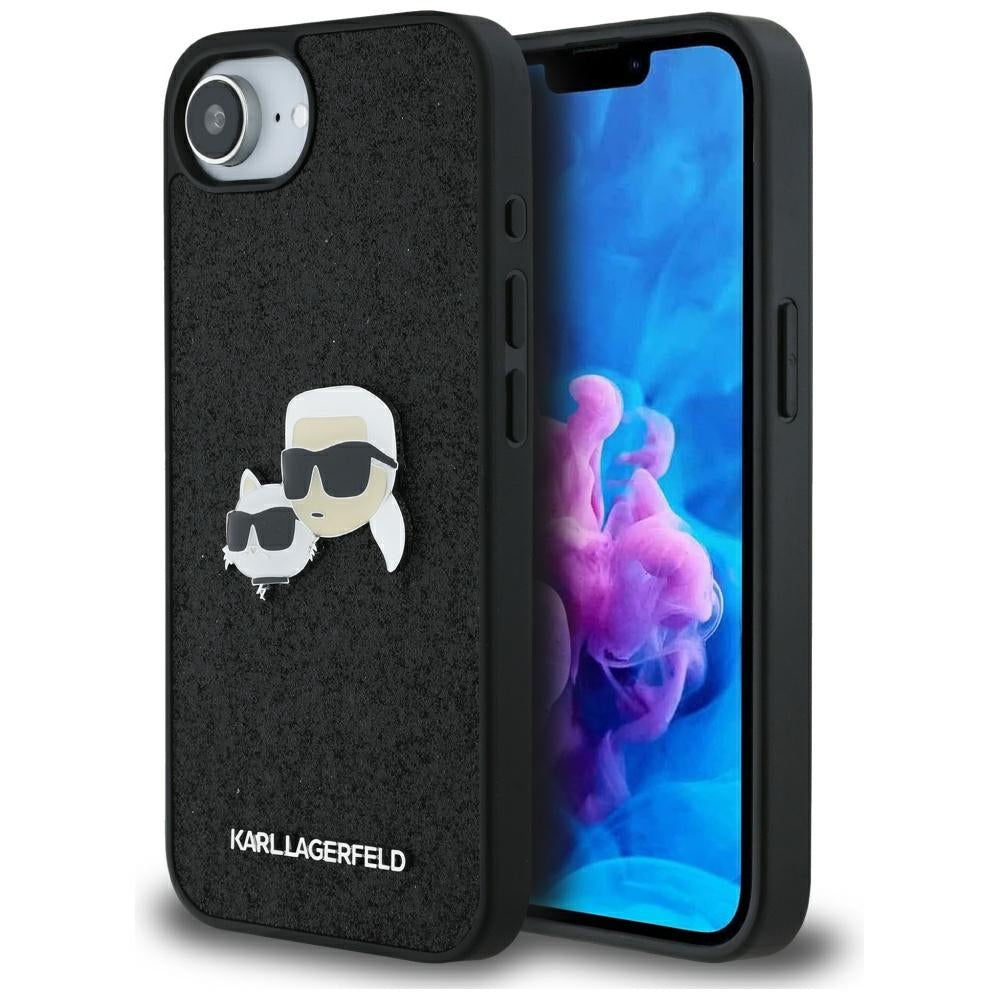 Ovitek za Apple iPhone 17e / 16e, Karl Lagerfeld, Glitter Fixed Karl & Choupette's Heads, črn