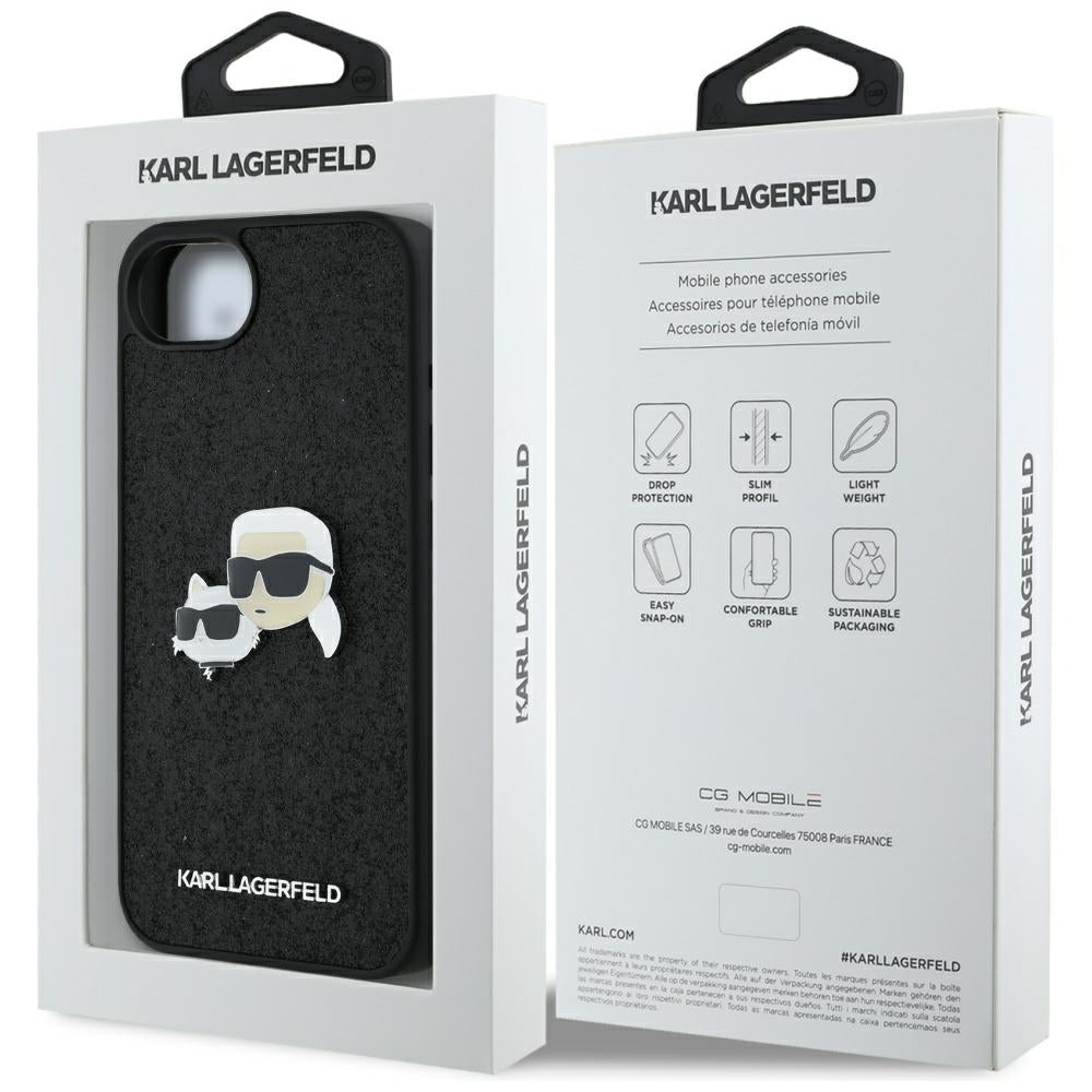 Ovitek za Apple iPhone 17e / 16e, Karl Lagerfeld, Glitter Fixed Karl & Choupette's Heads, črn