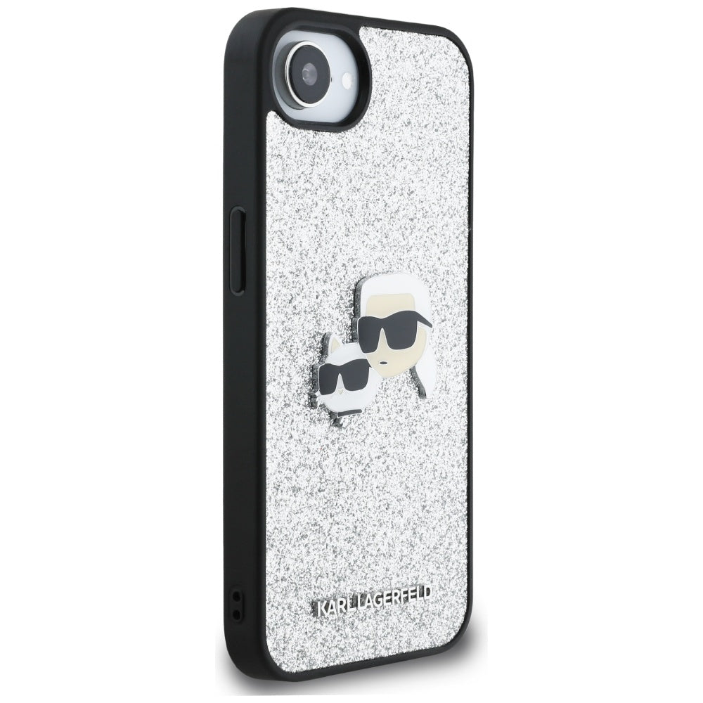 Ovitek za Apple iPhone 17e / 16e, Karl Lagerfeld, Glitter Fixed Karl & Choupette's Heads, Srebrn.