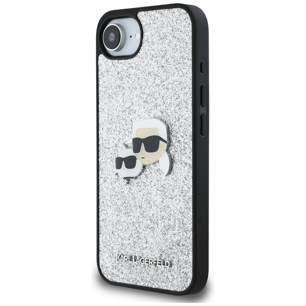 Ovitek za Apple iPhone 17e / 16e, Karl Lagerfeld, Glitter Fixed Karl & Choupette's Heads, Srebrn.