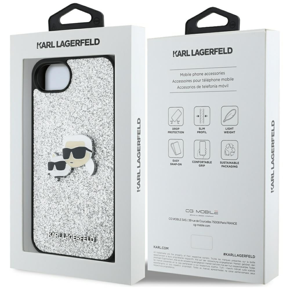 Ovitek za Apple iPhone 17e / 16e, Karl Lagerfeld, Glitter Fixed Karl & Choupette's Heads, Srebrn.