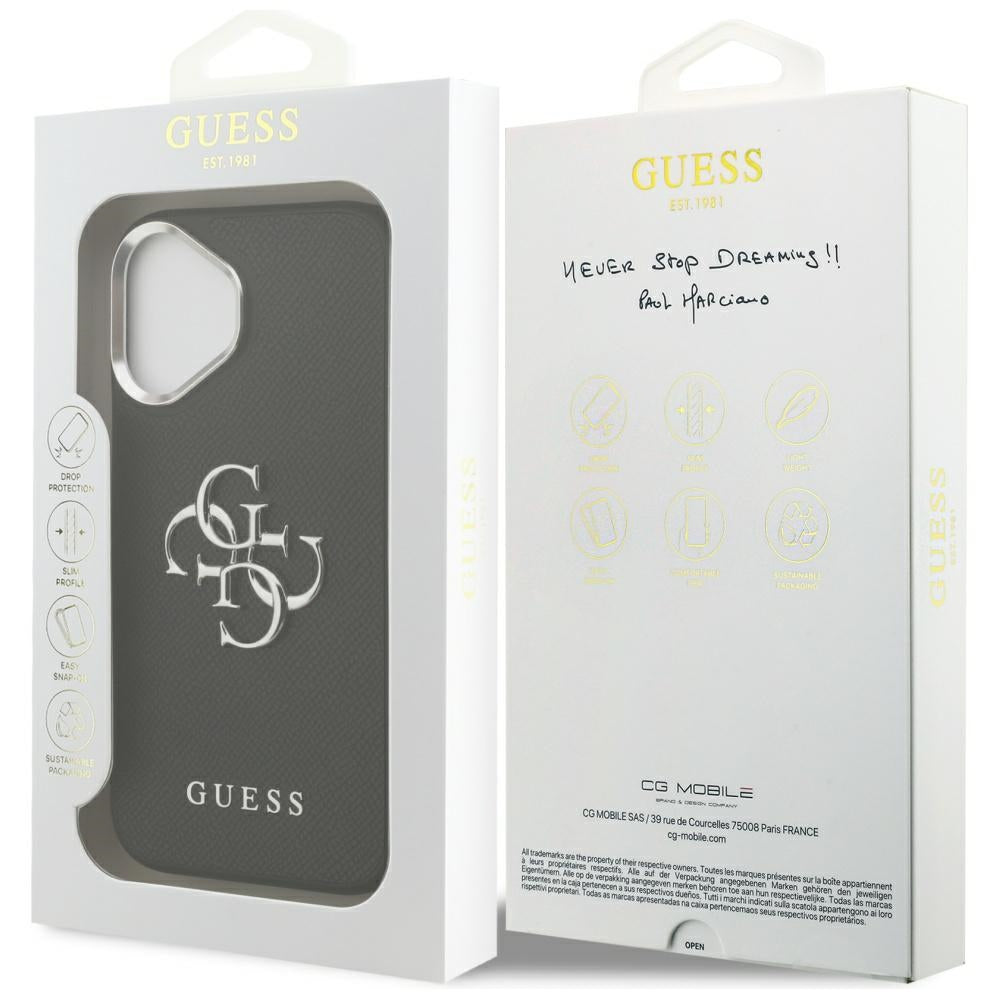 Ovitek za Apple iPhone 17, Guess, 4G Grained Big and Classic Logo, Črno Srebrn