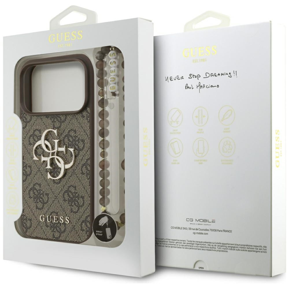 Ovitek za Apple iPhone 17 Pro, Guess, 4G Classic Logo with Pearl Strap, Rjava
