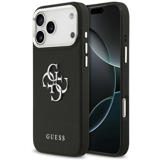 Ovitek za Apple iPhone 17 Pro, Guess, 4G Grained Big and Classic Logo, Črno Srebrn