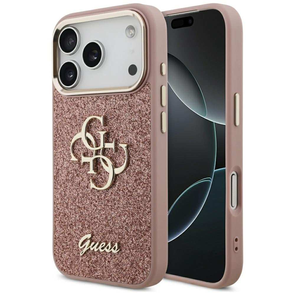 Ovitek za Apple iPhone 17 Pro, Guess, Fixed Glitter Big 4G Metal Frame, Roza