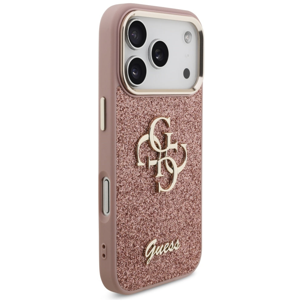 Ovitek za Apple iPhone 17 Pro, Guess, Fixed Glitter Big 4G Metal Frame, Roza