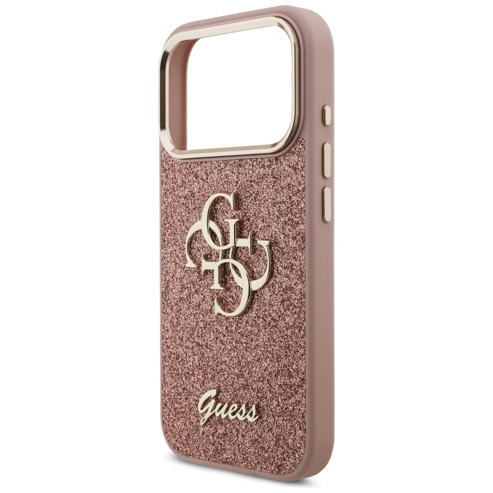 Ovitek za Apple iPhone 17 Pro, Guess, Fixed Glitter Big 4G Metal Frame, Roza