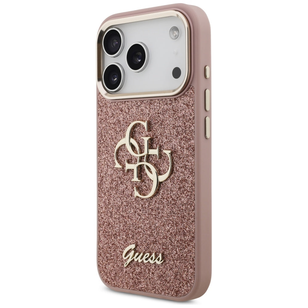 Ovitek za Apple iPhone 17 Pro, Guess, Fixed Glitter Big 4G Metal Frame, Roza