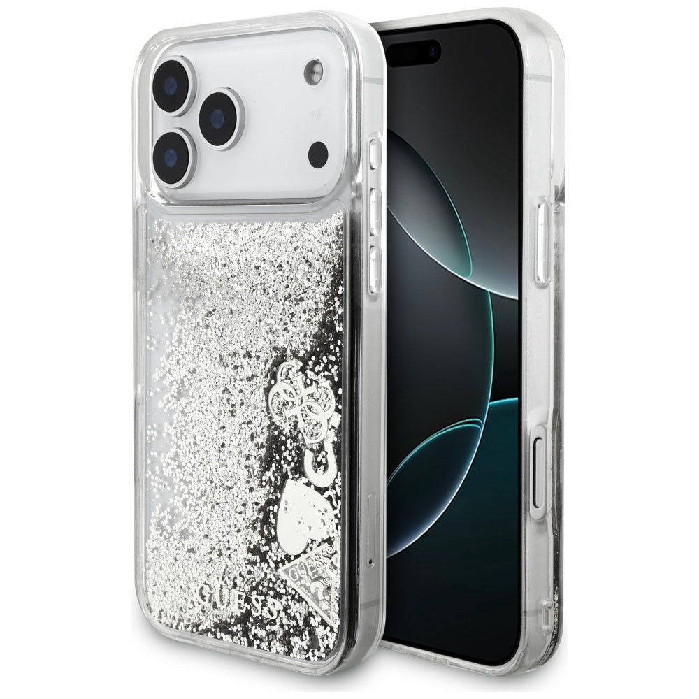 Ovitek za Apple iPhone 17 Pro, Guess, Liquid Glitter Charms, Srebrn.