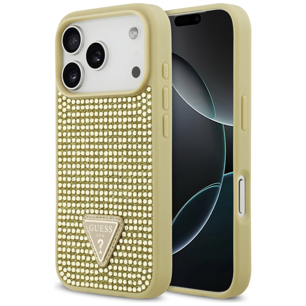 Ovitek za Apple iPhone 17 Pro, Guess, Rhinestone Triangle Logo, Zlat