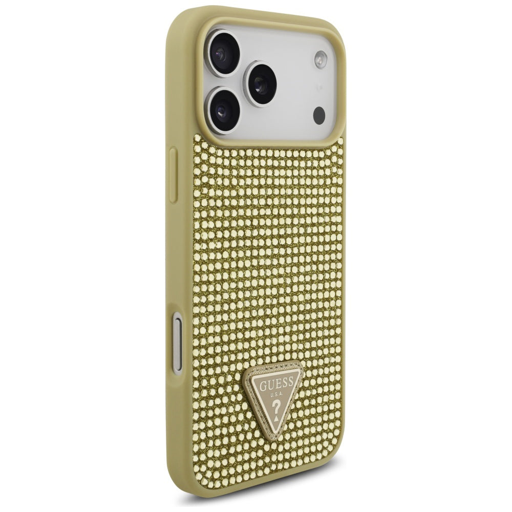 Ovitek za Apple iPhone 17 Pro, Guess, Rhinestone Triangle Logo, Zlat