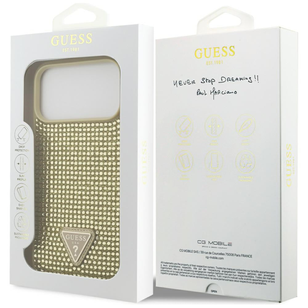 Ovitek za Apple iPhone 17 Pro, Guess, Rhinestone Triangle Logo, Zlat