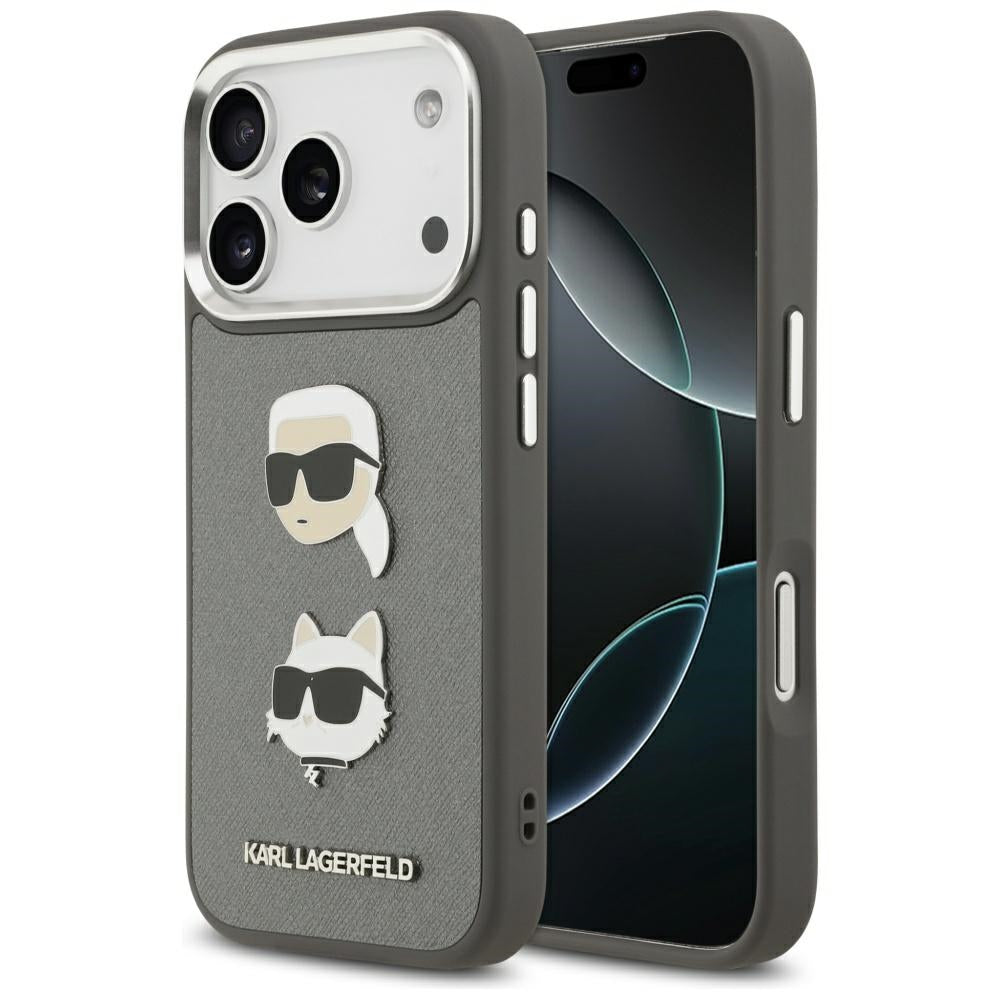 Case for Apple iPhone 17 Pro, Karl Lagerfeld, Grained Karl & Choupette's Heads Pins and Logo, Grey