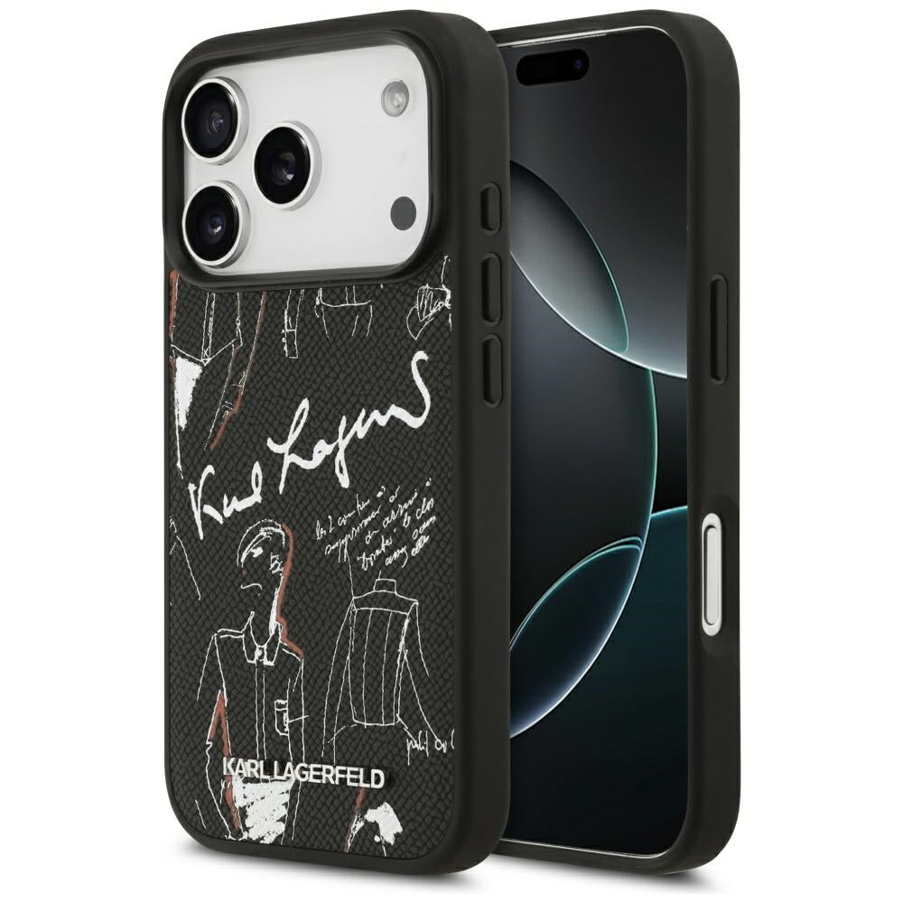 Ovitek za Apple iPhone 17 Pro, Karl Lagerfeld, vzorec z zrnatim logotipom, črn