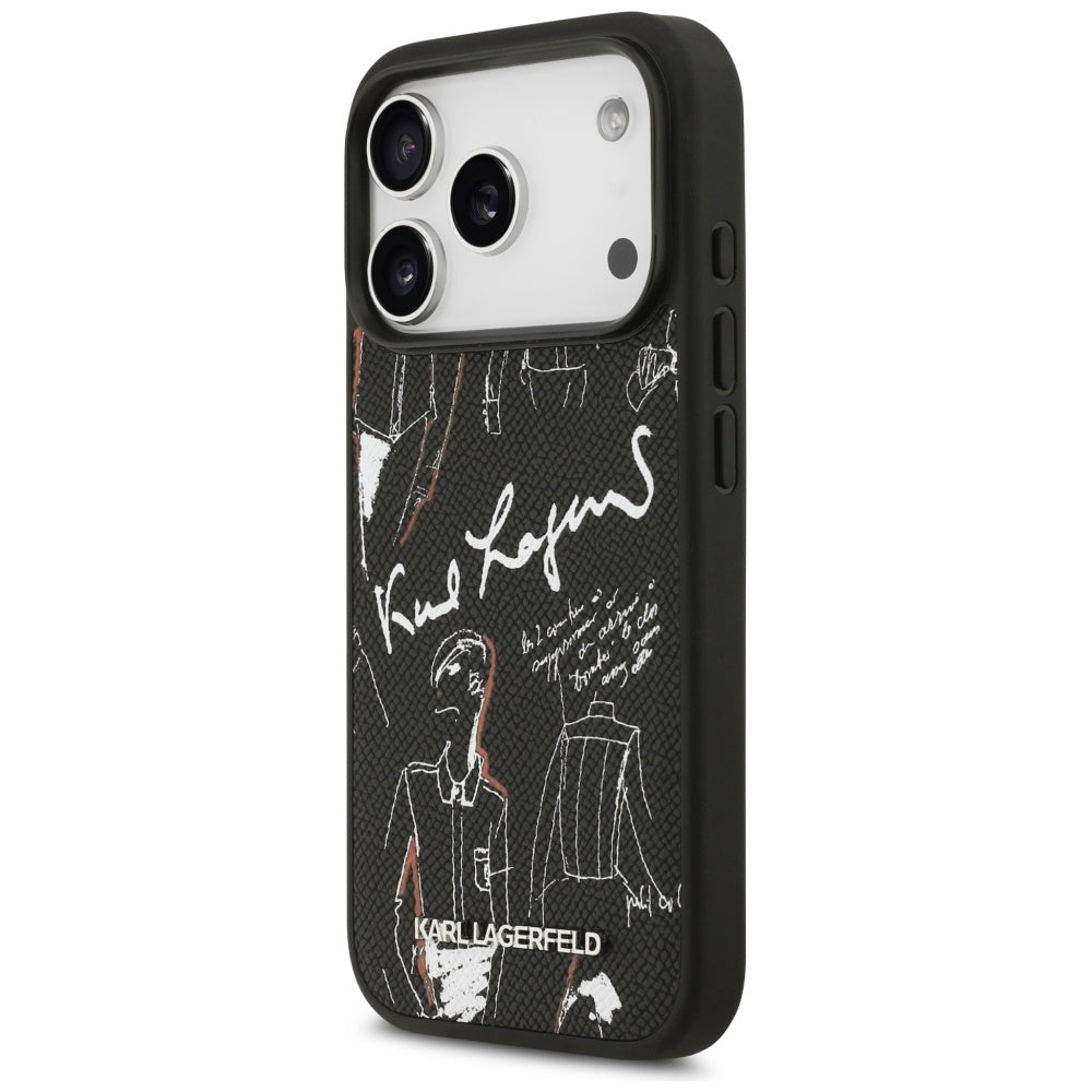 Ovitek za Apple iPhone 17 Pro, Karl Lagerfeld, vzorec z zrnatim logotipom, črn