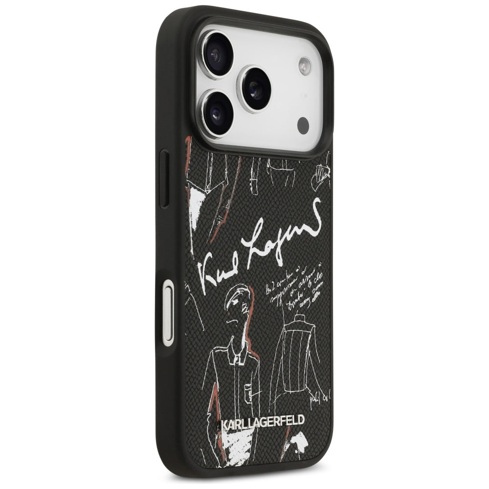 Ovitek za Apple iPhone 17 Pro, Karl Lagerfeld, vzorec z zrnatim logotipom, črn