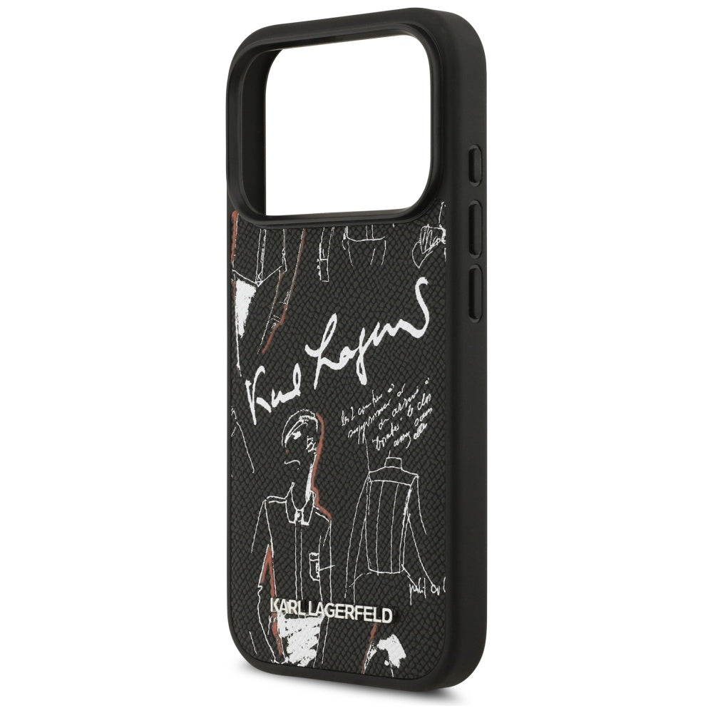 Ovitek za Apple iPhone 17 Pro, Karl Lagerfeld, vzorec z zrnatim logotipom, črn