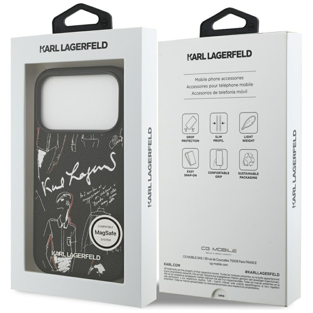 Ovitek za Apple iPhone 17 Pro, Karl Lagerfeld, vzorec z zrnatim logotipom, črn
