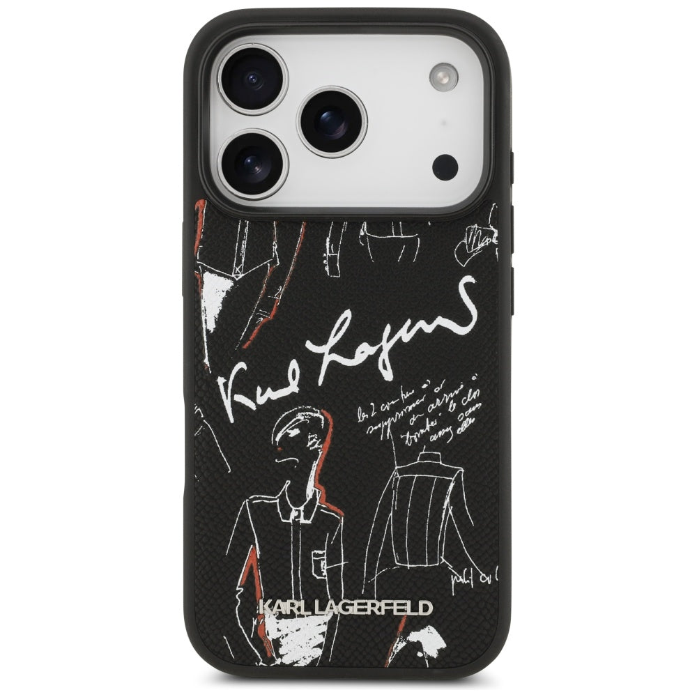 Ovitek za Apple iPhone 17 Pro, Karl Lagerfeld, vzorec z zrnatim logotipom, črn