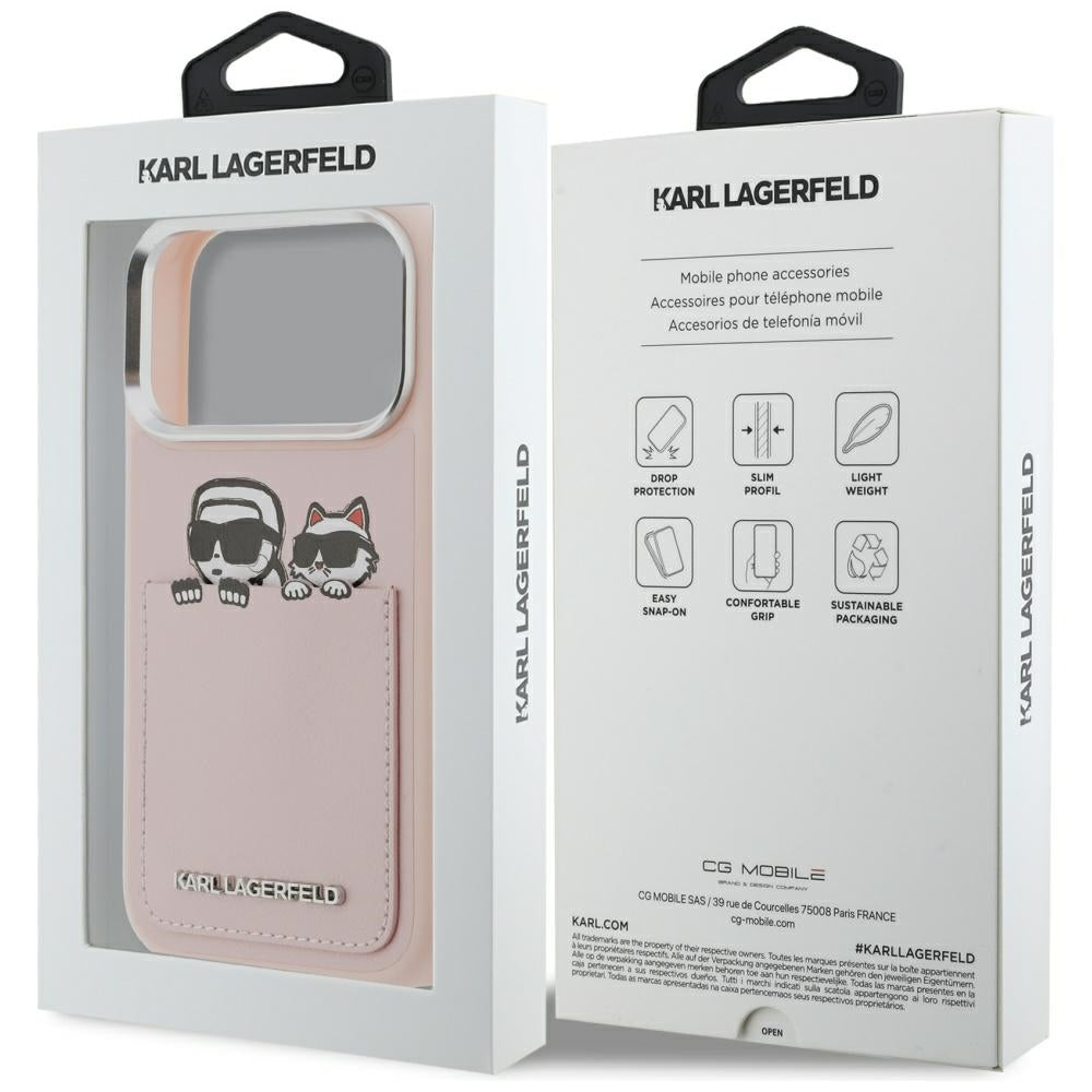 Ovitek za Apple iPhone 17 Pro, Karl Lagerfeld, Karl & Choupette Print with Pocket, Roza