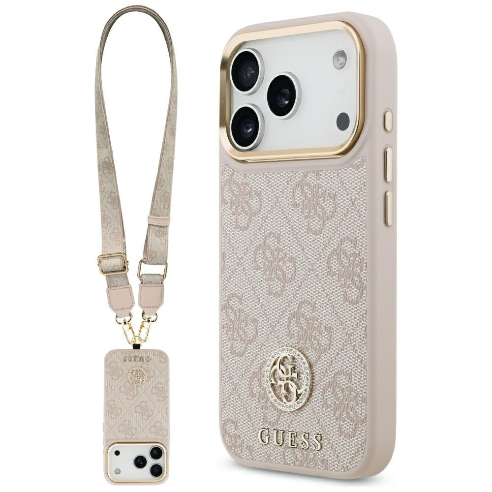 Ovitek za Apple iPhone 17 Pro Max, Guess, 4G Strass Logo and Big Strap, Roza