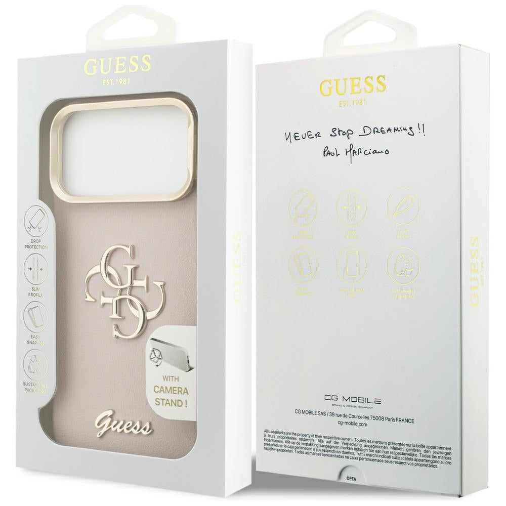 Ovitek za Apple iPhone 17 Pro Max, Guess, Grained Big 4G Stand Camera, Roza