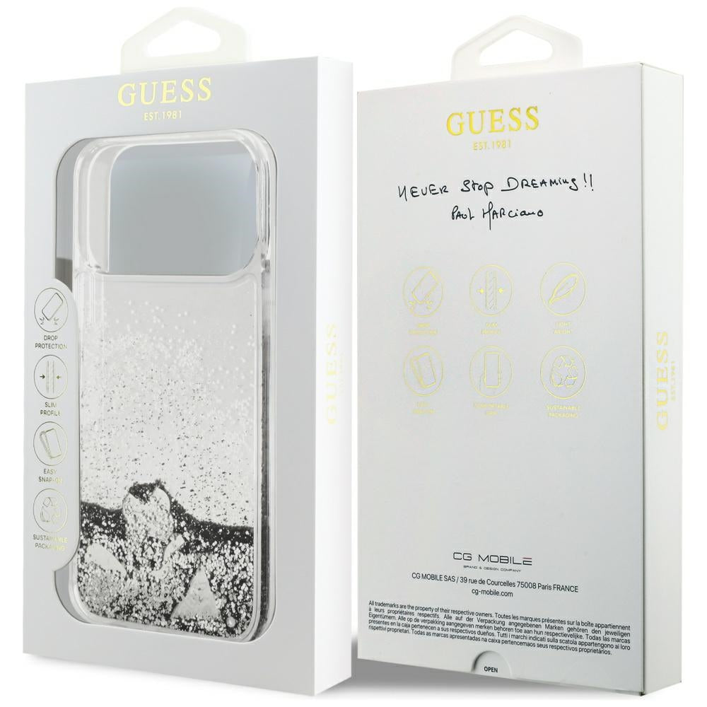 Ovitek za Apple iPhone 17 Pro Max, Guess, Liquid Glitter Charms, Srebrn