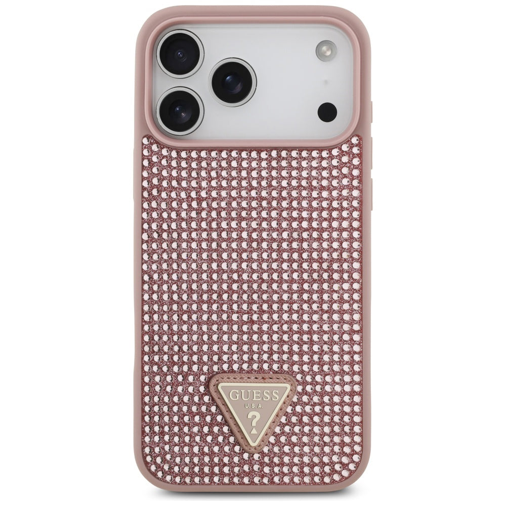 Ovitek za Apple iPhone 17 Pro Max, Guess, Rhinestone Triangle Logo, Roza