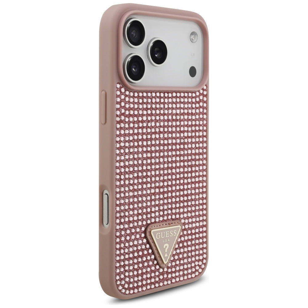 Ovitek za Apple iPhone 17 Pro Max, Guess, Rhinestone Triangle Logo, Roza