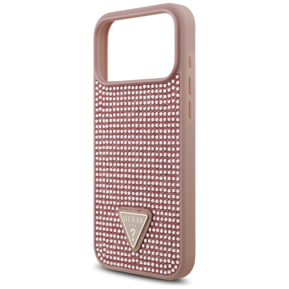 Ovitek za Apple iPhone 17 Pro Max, Guess, Rhinestone Triangle Logo, Roza