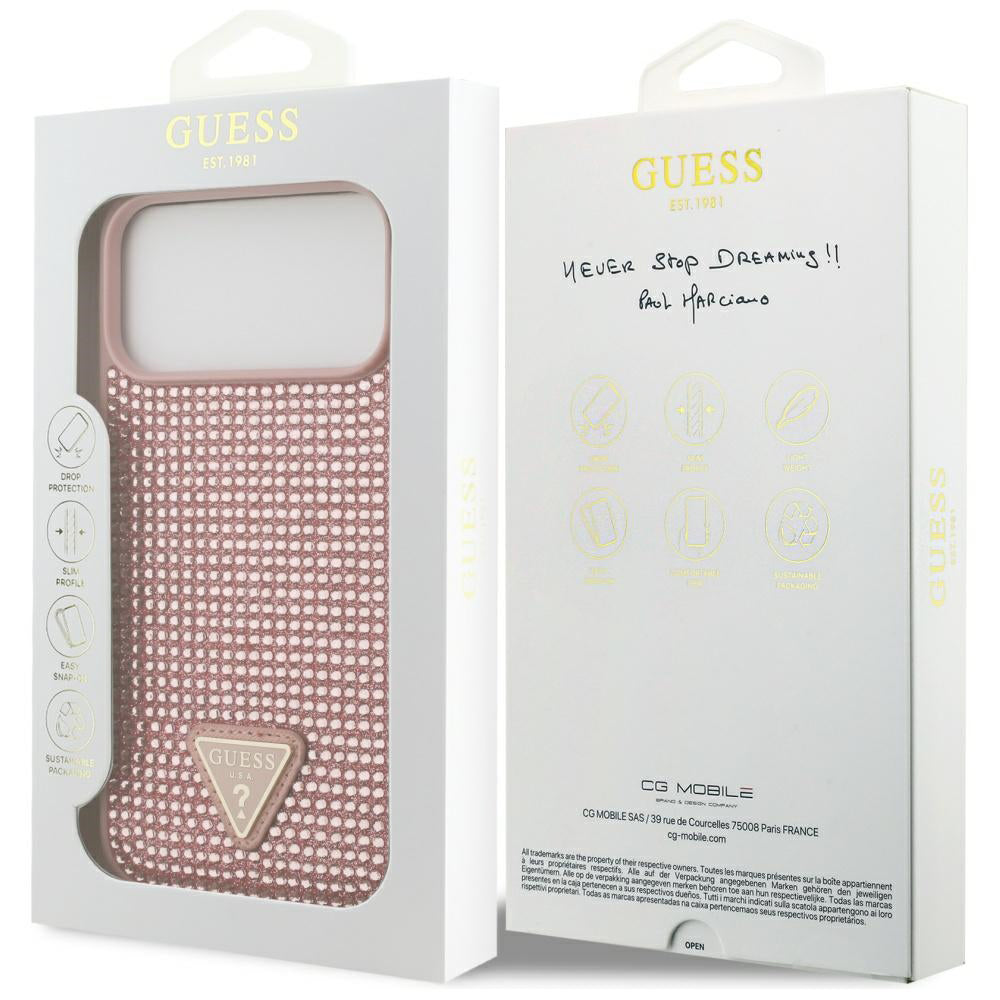 Ovitek za Apple iPhone 17 Pro Max, Guess, Rhinestone Triangle Logo, Roza