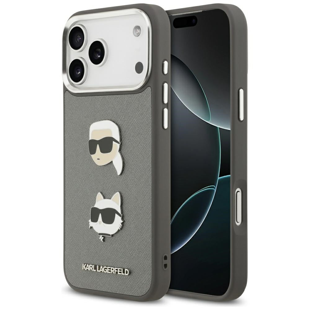 Ovitek za Apple iPhone 17 Pro Max, Karl Lagerfeld, Grained Karl & Choupette's Heads Pins and Logo, Siv
