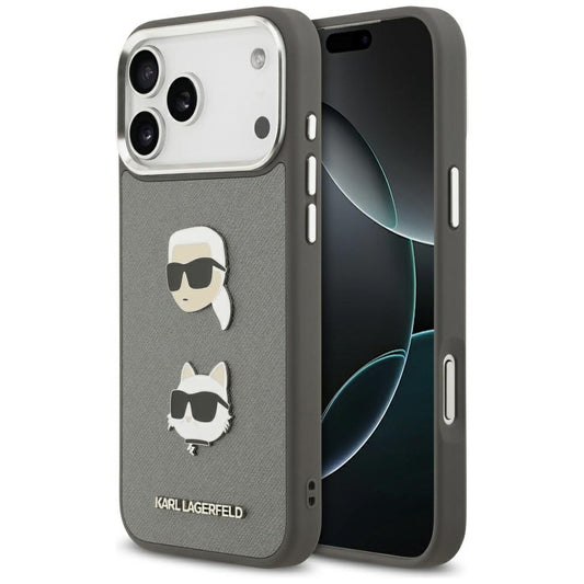Ovitek za Apple iPhone 17 Pro Max, Karl Lagerfeld, Grained Karl & Choupette's Heads Pins and Logo, Siv