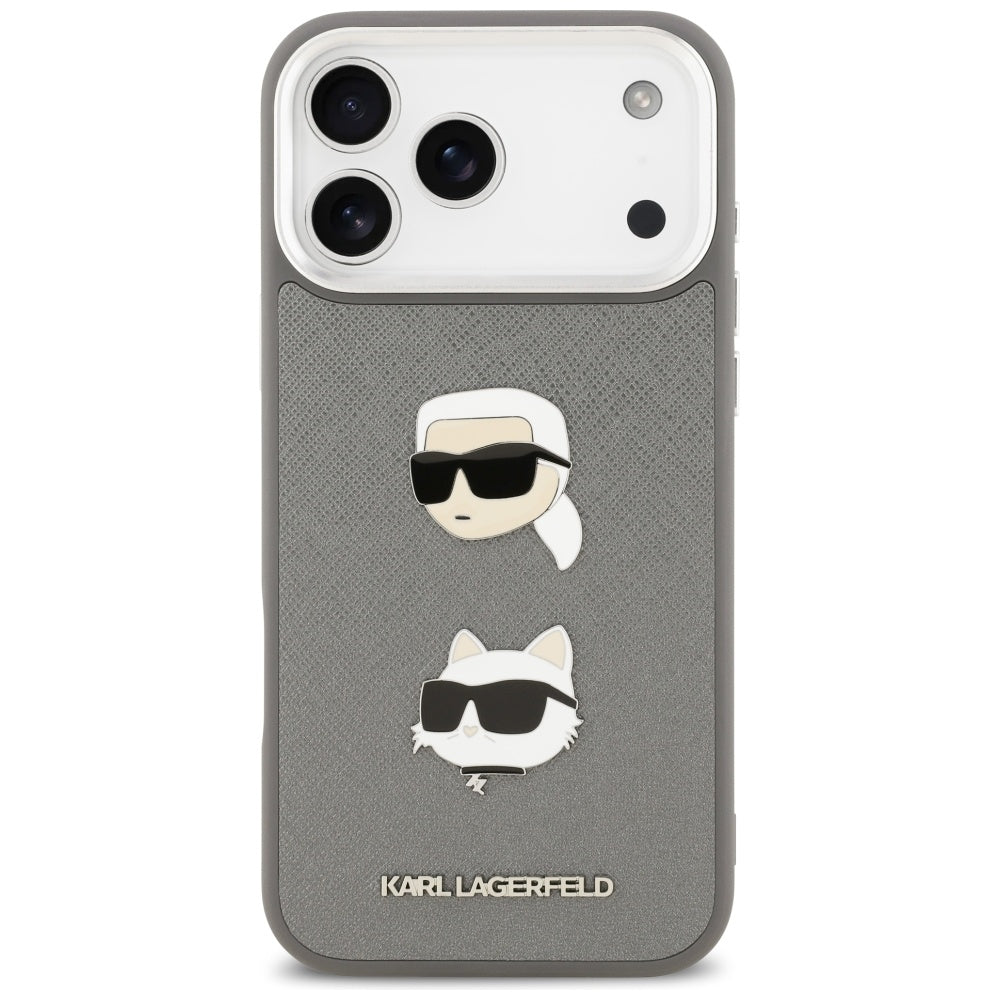 Ovitek za Apple iPhone 17 Pro Max, Karl Lagerfeld, Grained Karl & Choupette's Heads Pins and Logo, Siv