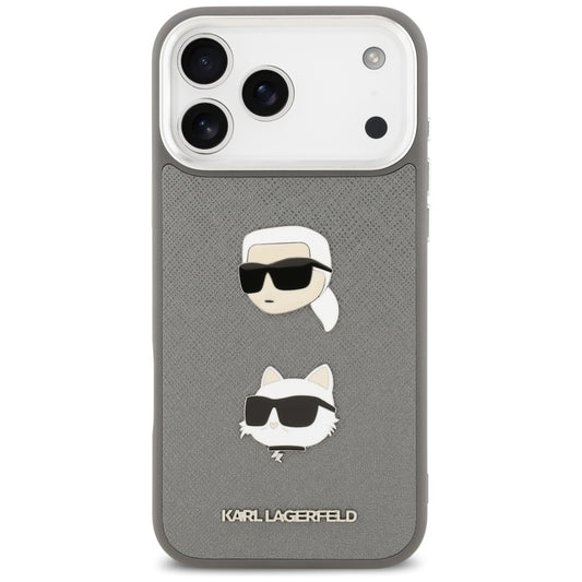 Ovitek za Apple iPhone 17 Pro Max, Karl Lagerfeld, Grained Karl & Choupette's Heads Pins and Logo, Siv