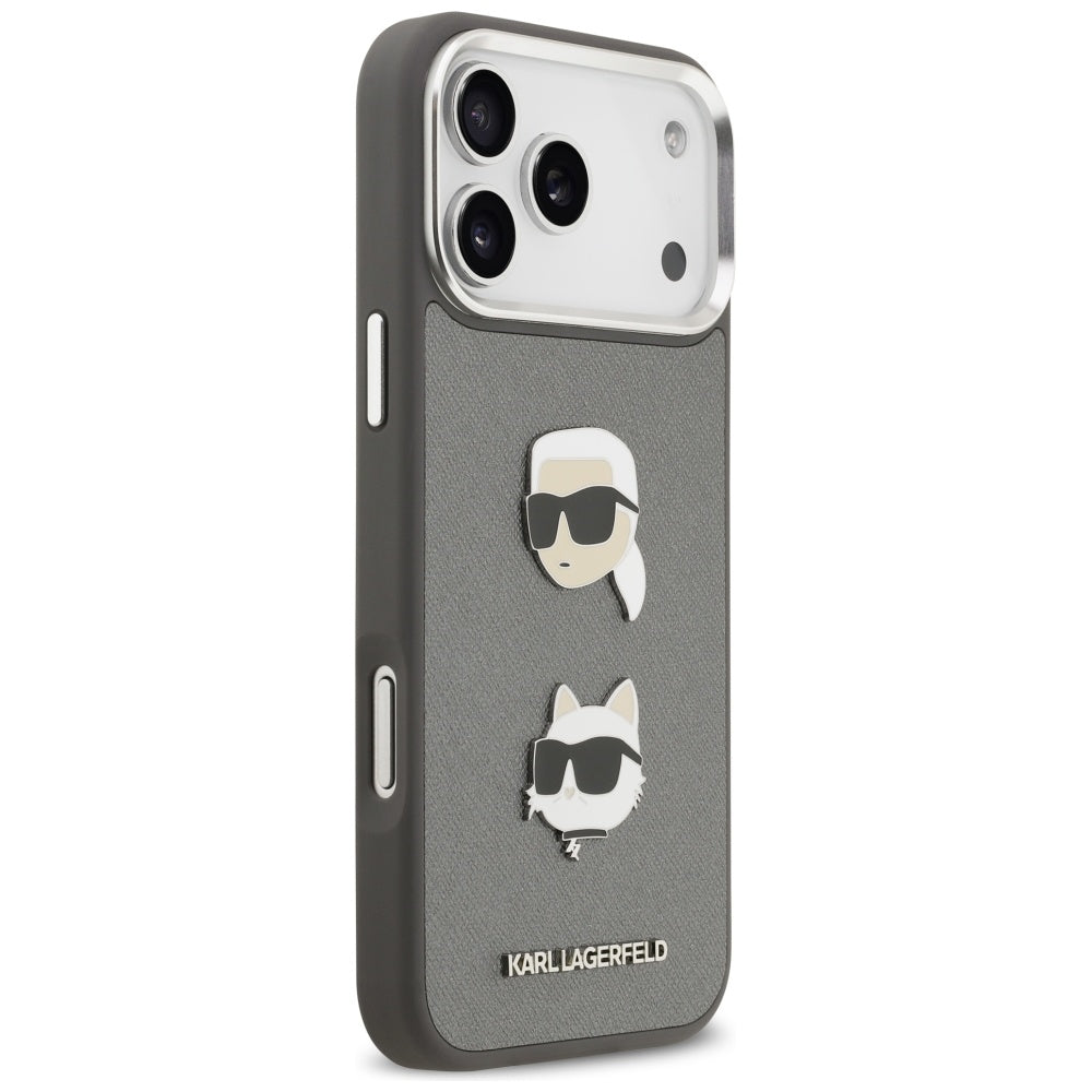 Ovitek za Apple iPhone 17 Pro Max, Karl Lagerfeld, Grained Karl & Choupette's Heads Pins and Logo, Siv