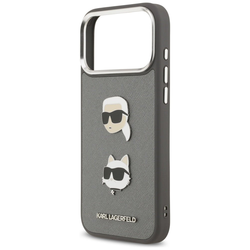 Ovitek za Apple iPhone 17 Pro Max, Karl Lagerfeld, Grained Karl & Choupette's Heads Pins and Logo, Siv